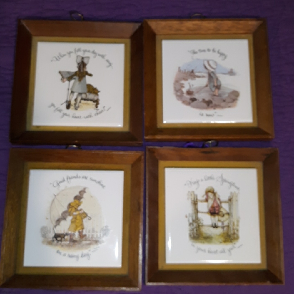 4 vintage Holly Hobbie framed tiles